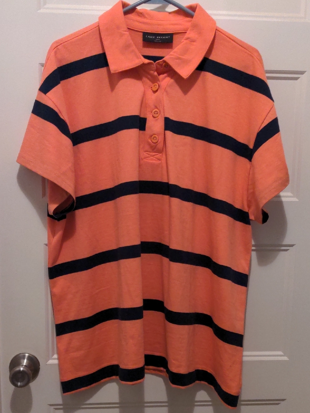 Lane Bryant Striped Short Sleeve Polo Shirt Coral Navy 18/20